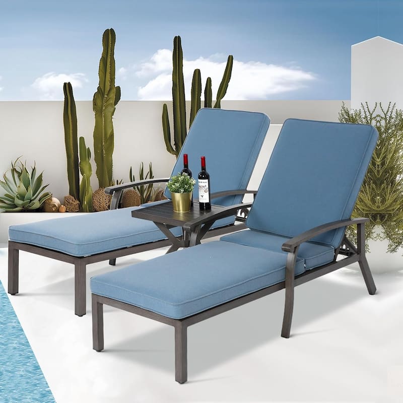 HOMEFUN 3-Piece Outdoor Aluminum Reclining Chaise Lounge (set of 2)with Table and Cushions