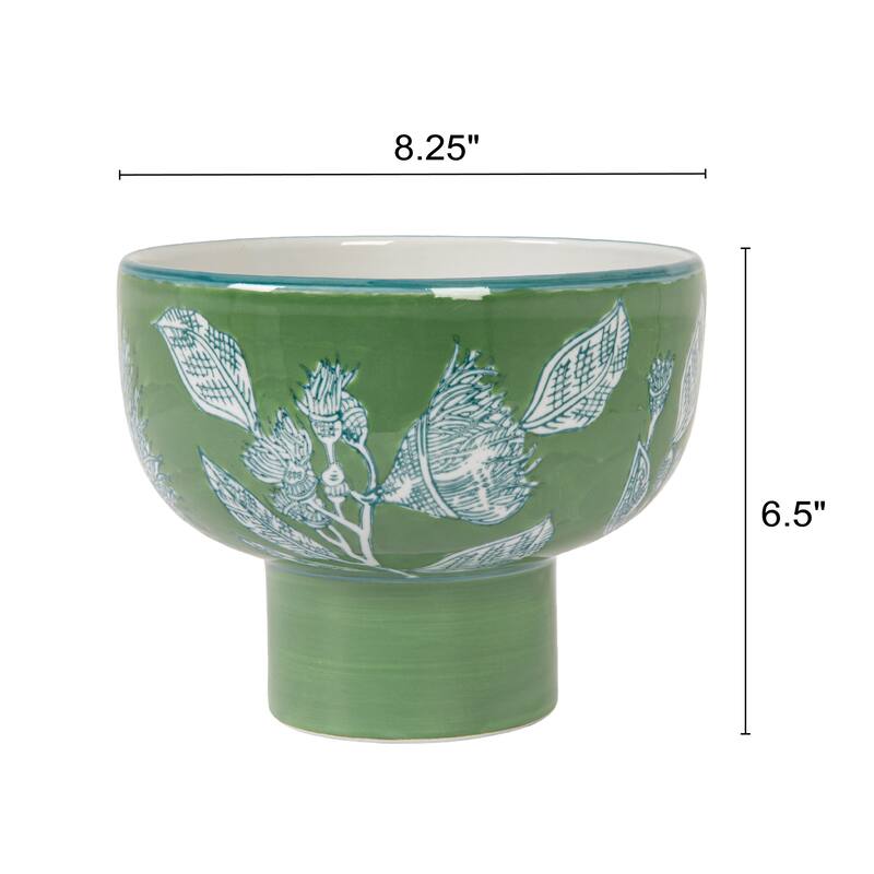 Stoneware Pedestal Bowl with Botanical Detailing - 8.25"L x 8.25"W x 6.5"H