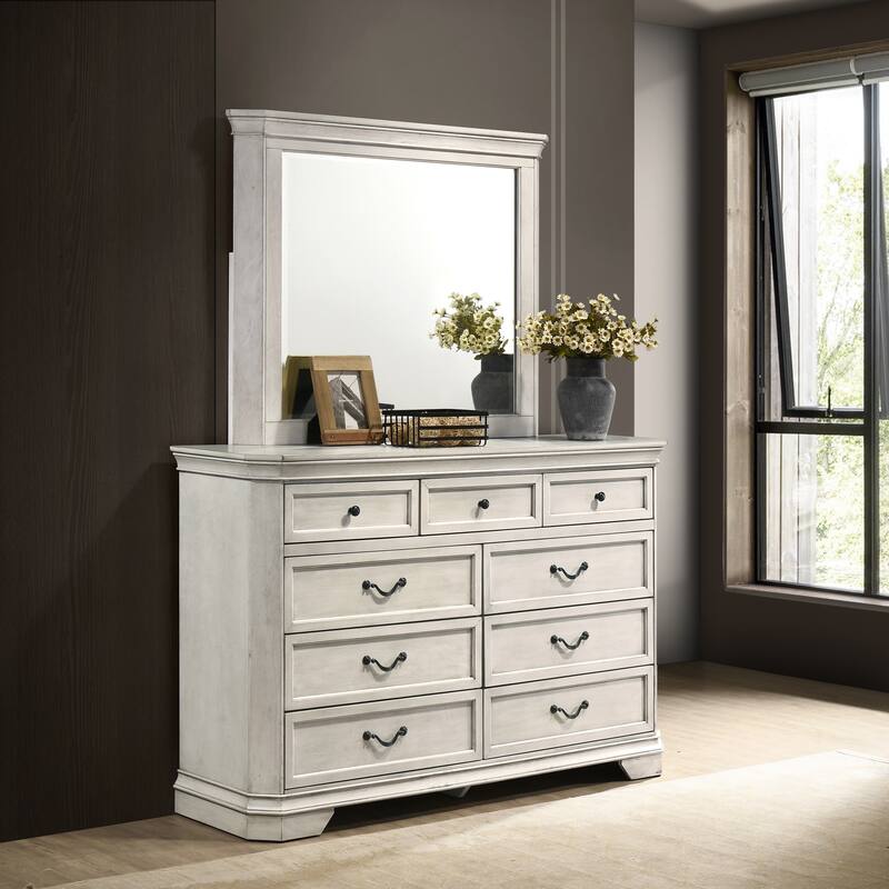Roundhill Furniture Maderne Traditional Wood Panel Bed with Dresser, Mirror, Two Nightstands