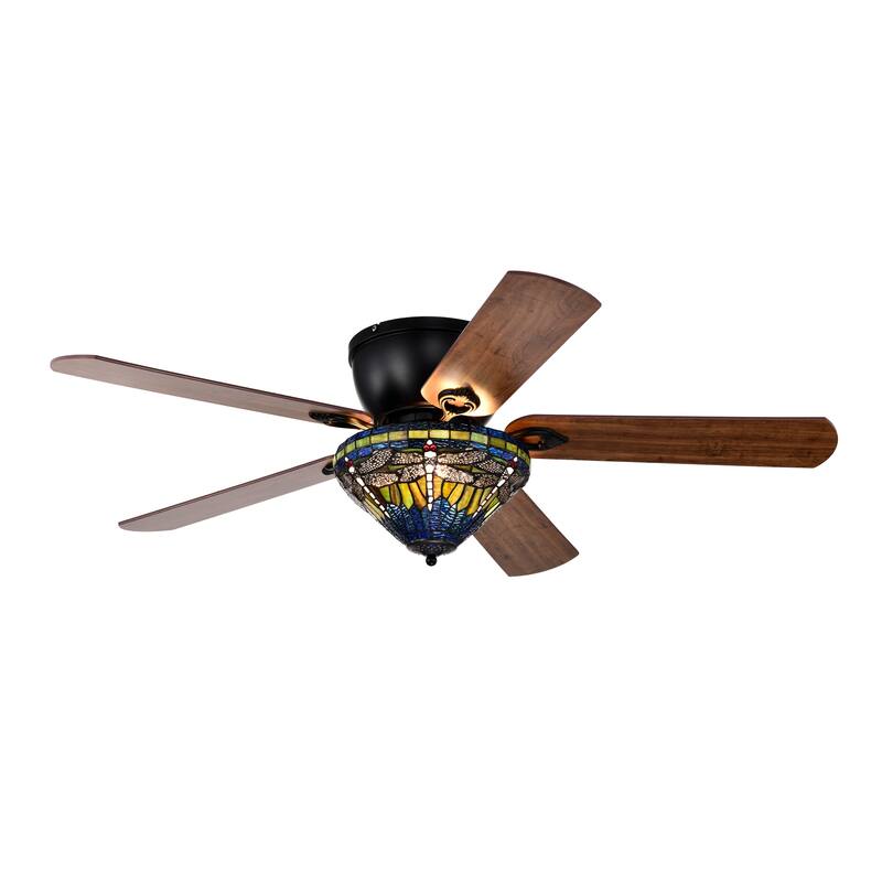 Penana 52-Inch Flushmount Lighted Ceiling Fan Green Blue Dragonfly Tiffany Glass Lamp Black Finish
