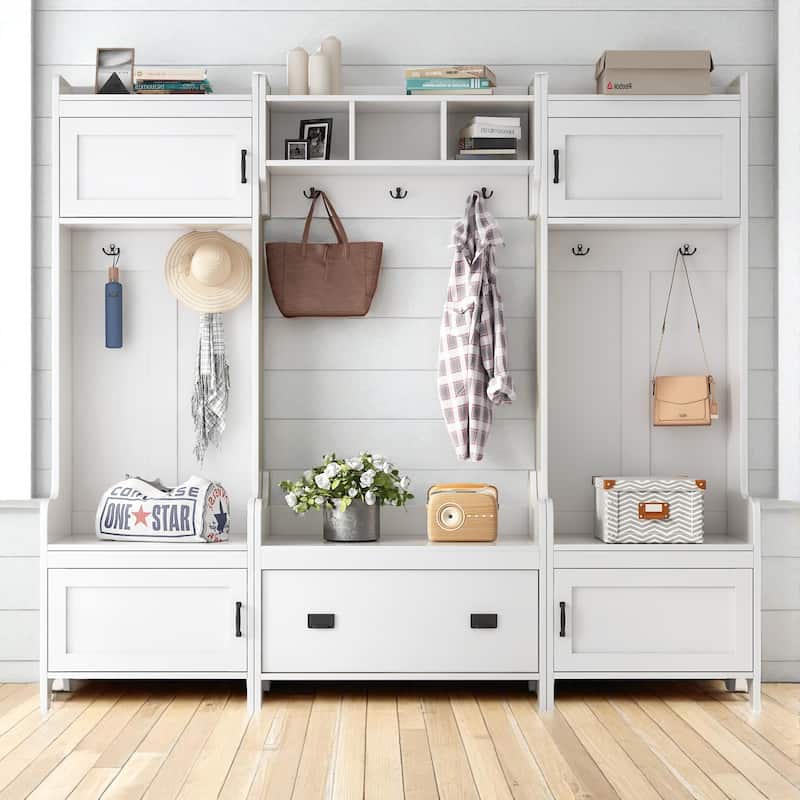 Modern 4-in-1 Hall Tree with Bench, 7 Metal Hooks, Storage Drawer & 4 Cabinets, Entryway Coat Rack Organizer