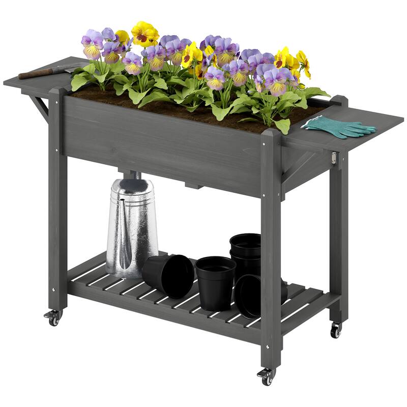 Raised Garden Bed with Storage Shelf and Foldable Ledges Fir Wood Planter for Indoor Outdoor Gardening - Grey