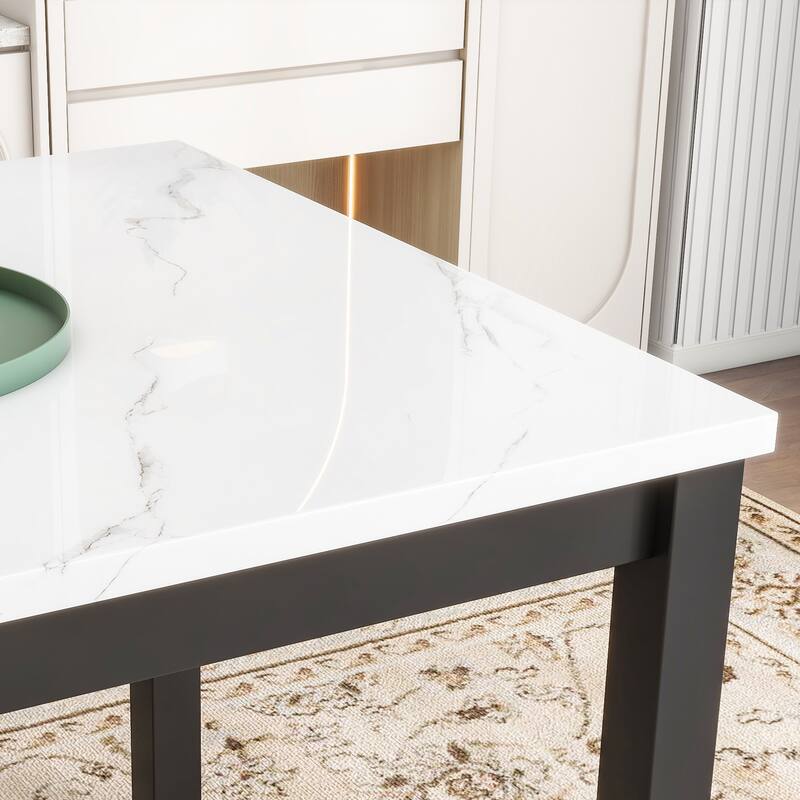 5-Piece Counter Height Dining Table Set, Faux Marble Top Square Table with 4 Velvet Chairs, Kitchen Dining Table Set for 4