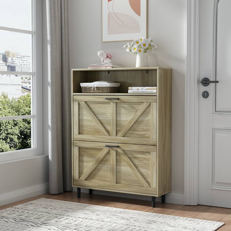 Farmhouse Shoe Storage Cabinet with Barn Door Design, Shoe Organizer with 2 Flip Drawers