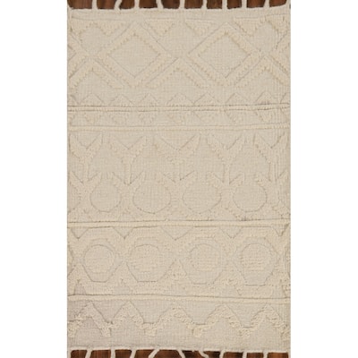 Ivory Geometric Moroccan Oriental Accent Rug Hand-Knotted Wool Carpet - 2'0"x 3'0"