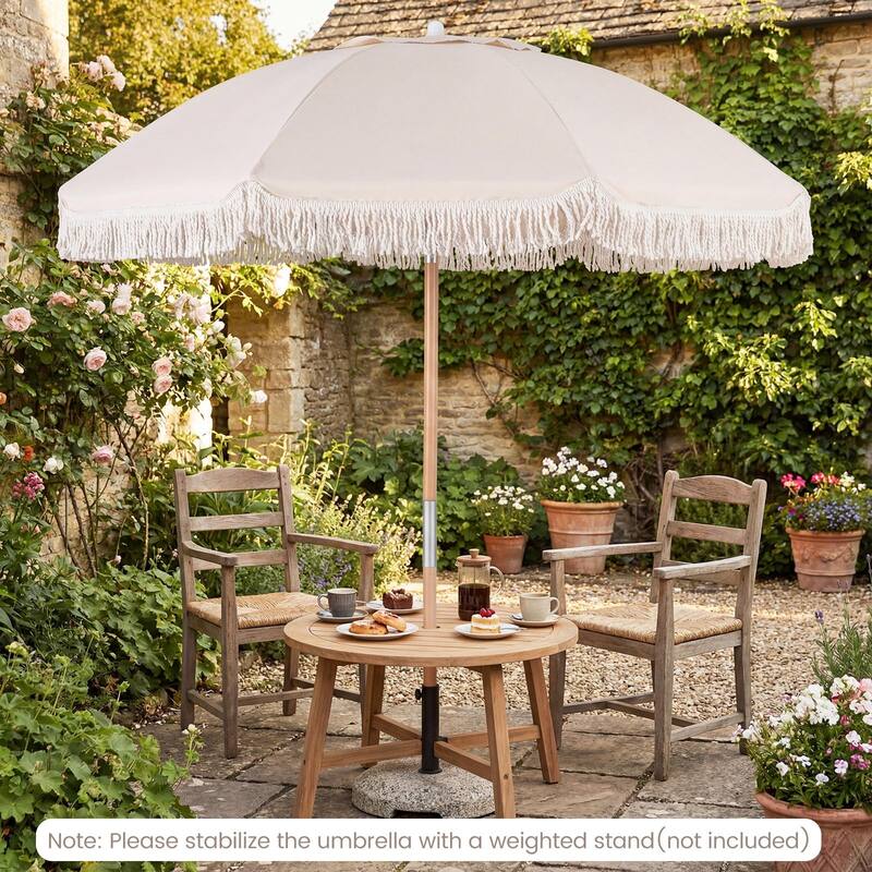 Gymax 6 FT Patio Umbrella w/ Fringe Push Button Tilt 8 Sturdy Ribs