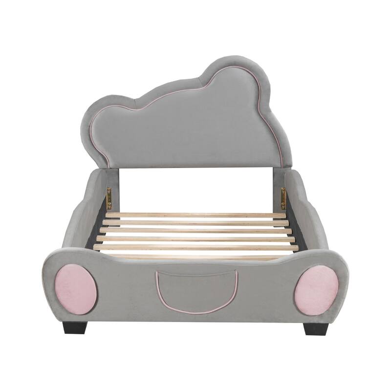 Velvet Platform Bed with Bear Shaped Headboard