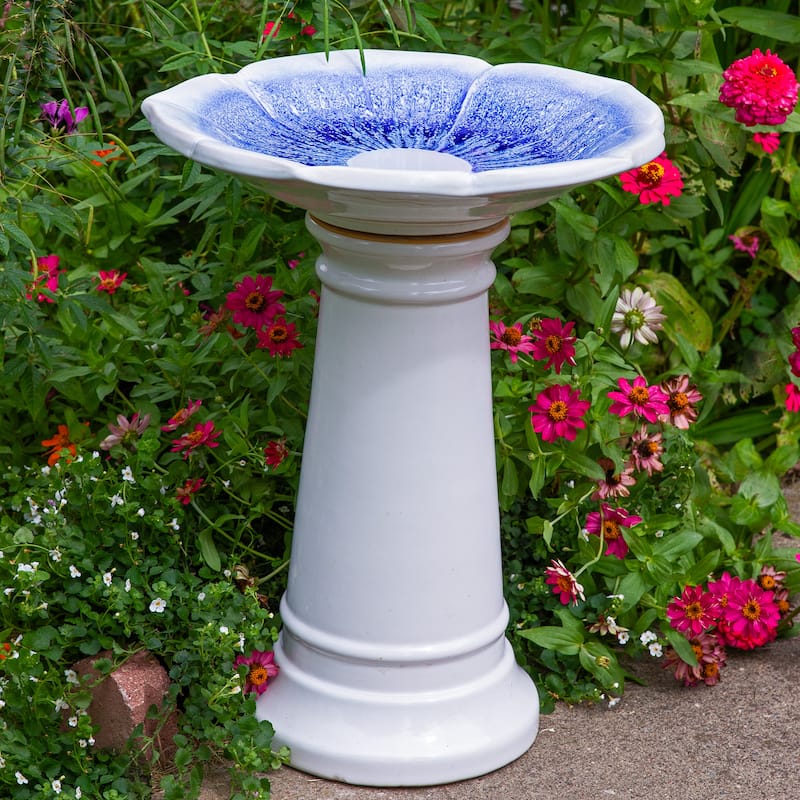 Sunnydaze Misty Blossom Glazed Ceramic Bird Bath – Blue/White - 23" H
