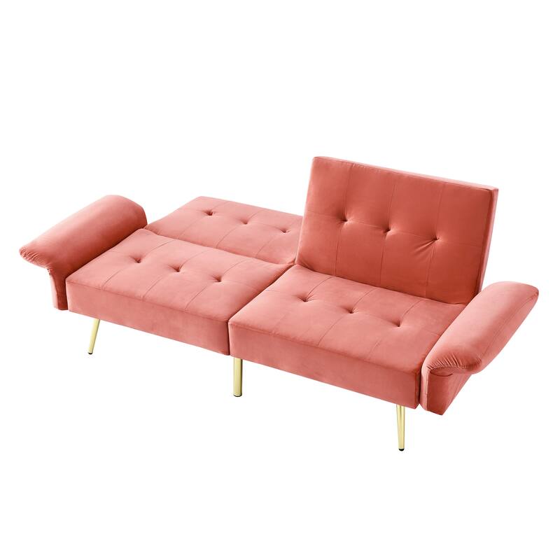 Velvet Futon Sofa Bed with Folded Armrests