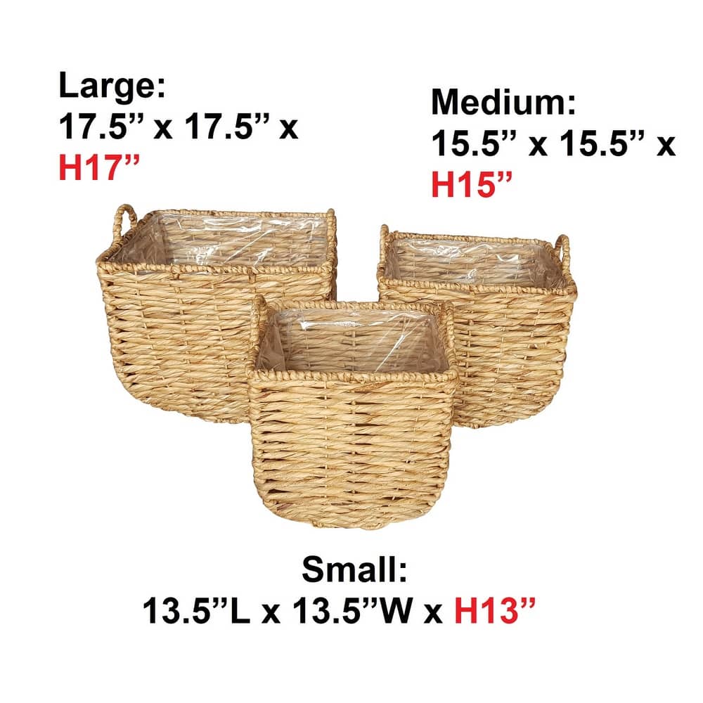 17.5", 15.5" & 13.5" Lucy Square Woven Water Hyacinth Baskets with Handles (Set of 3 Sizes)