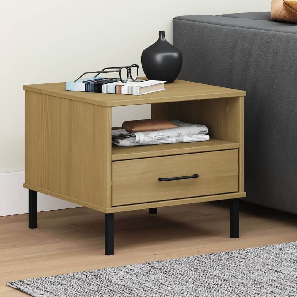 vidaXL Bedside Table Bedroom Nightstand with Metal Legs Solid Wood Pine OSLO - 19.7" x 19.7" x 17.7"