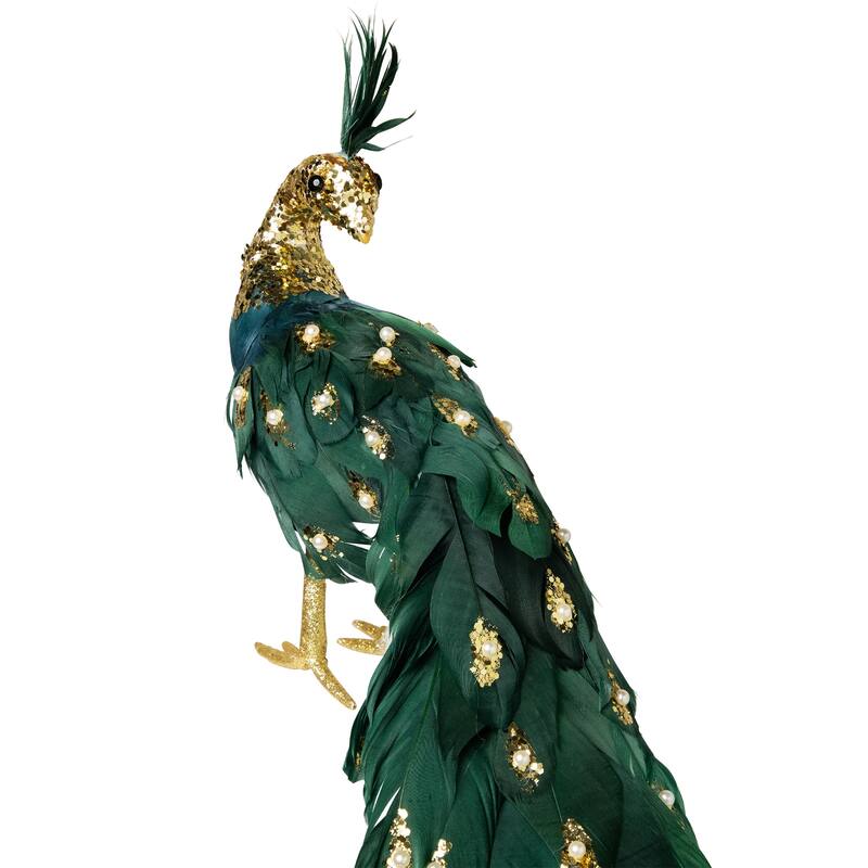Glittered Peacock with Faux Pearls Christmas Decoration - 22" - Green