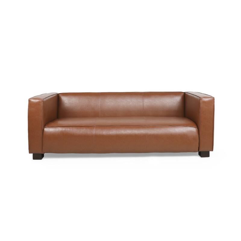 Grag 3 Seater Sofa, Tuxedo Design, Birch Wood Legs, Brown Faux Leather