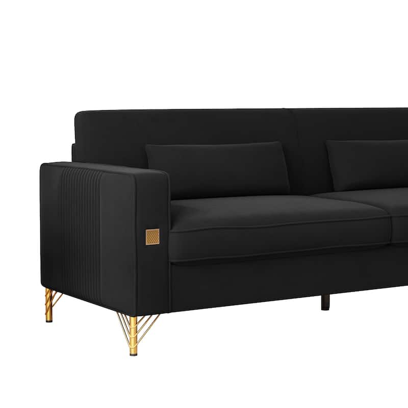 Roomfitters Mid-Century Modern Upholstered Sofa with Gold Metal Legs and Square Arms, Elegant Couch for Living Room