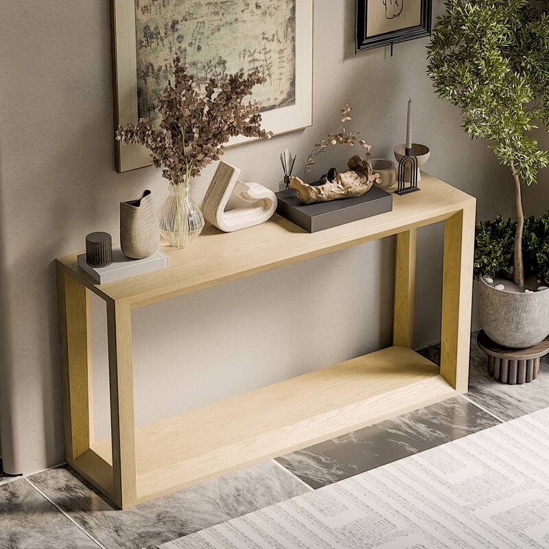 60" Rectangular Solid Wood Veneer Console Table, Wide Sofa Table, Behind Couch Table with Ample Storage - Imitative Oak