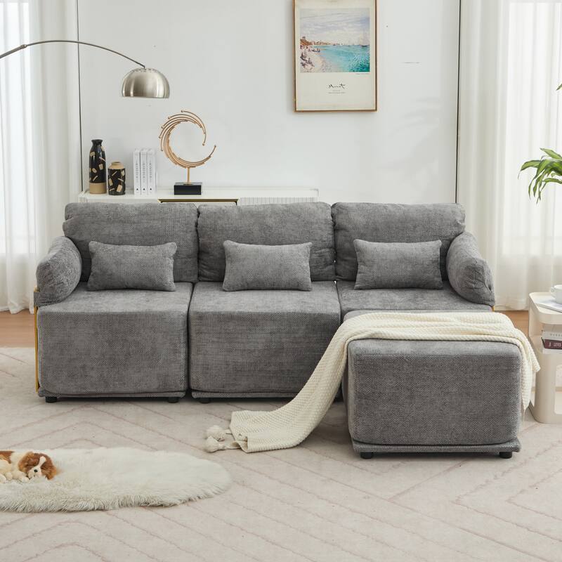 XINMICS Modular Sectional Sofa L Shaped Couch, 3 Seat Sofa Set with Ottoman, Chenille Fabric