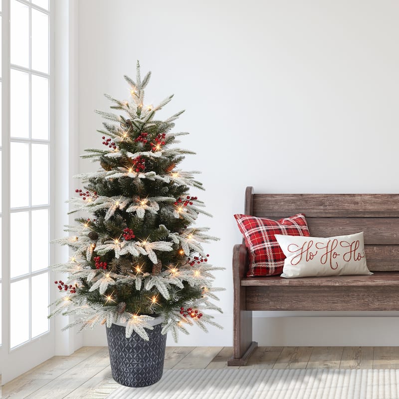 Puleo International 4.5 ft. Pre-lit Potted Flocked Halifax Fir Artificial Christmas Tree