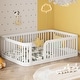 preview thumbnail 28 of 34, Wooden Floor Bed Frame Toddler Bed with Fence Guardrails, Twin/Full Size Montessori Bed Floor Platform Bed for Kids White - Full
