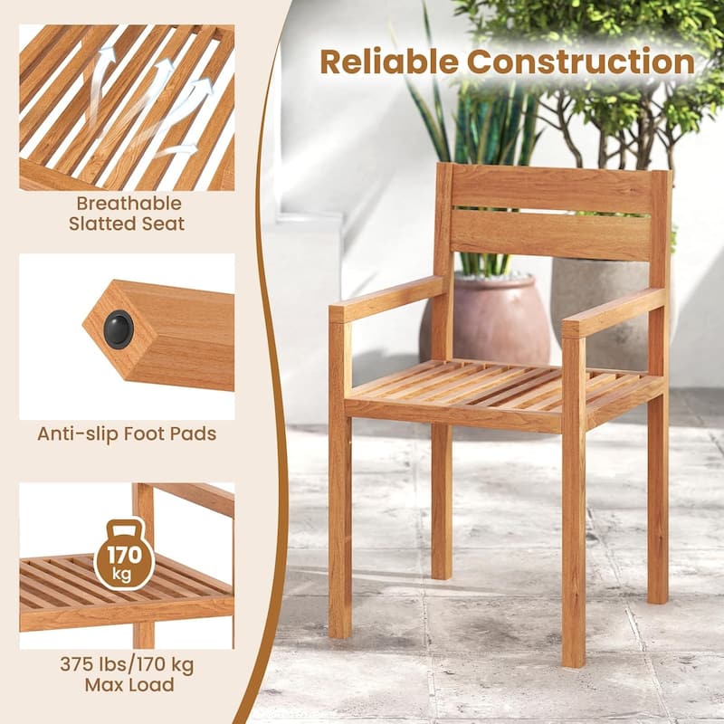 1/2/4 PCS Patio Teak Wood Dining Chair Outdoor Wooden Armchair
