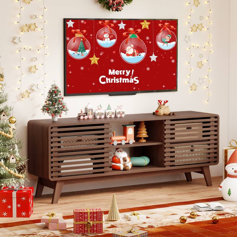 Gymax TV Stand w/Sliding Doors Adjustable Shelves & Rubber Wood Legs