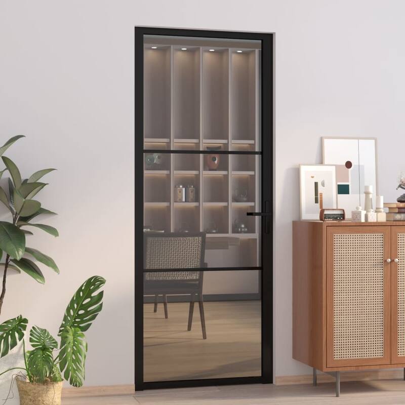vidaXL Glass Door Interior Door with Alloy Handle ESG Glass and Aluminum Black - 32.7"x79.3" x 1.4" - Black and dark transparent 1