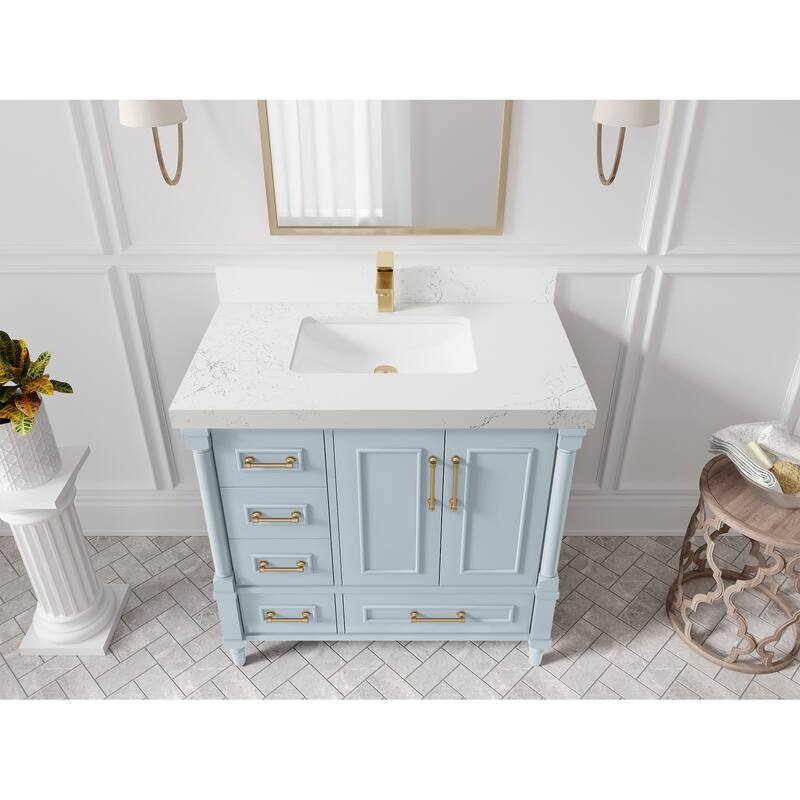 Willow Collections 36 in. W x 22 in. D Aberdeen Center Right Offset Sink Bathroom Vanity with Countertop - 2”Empira White - Blue Heather