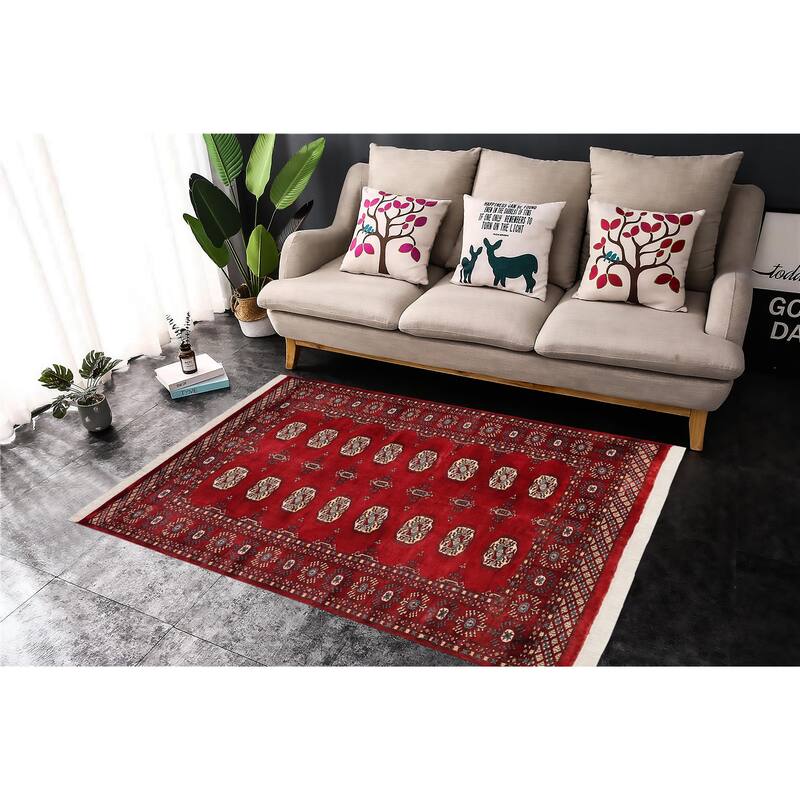 Rustic Bokhara Powers Red/Blue Hand Knotted Wool Rug - 4'0'' x 5'8''