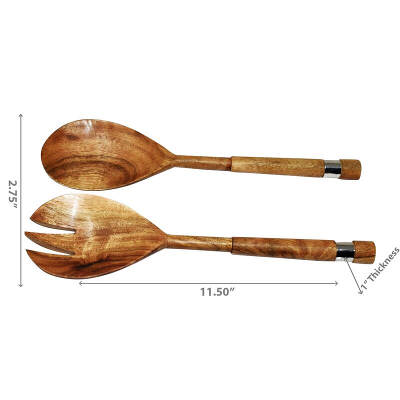 IH Casa Decor Natural Acacia Wood With Hammered Nickel 2 Pc Salad Server Set
