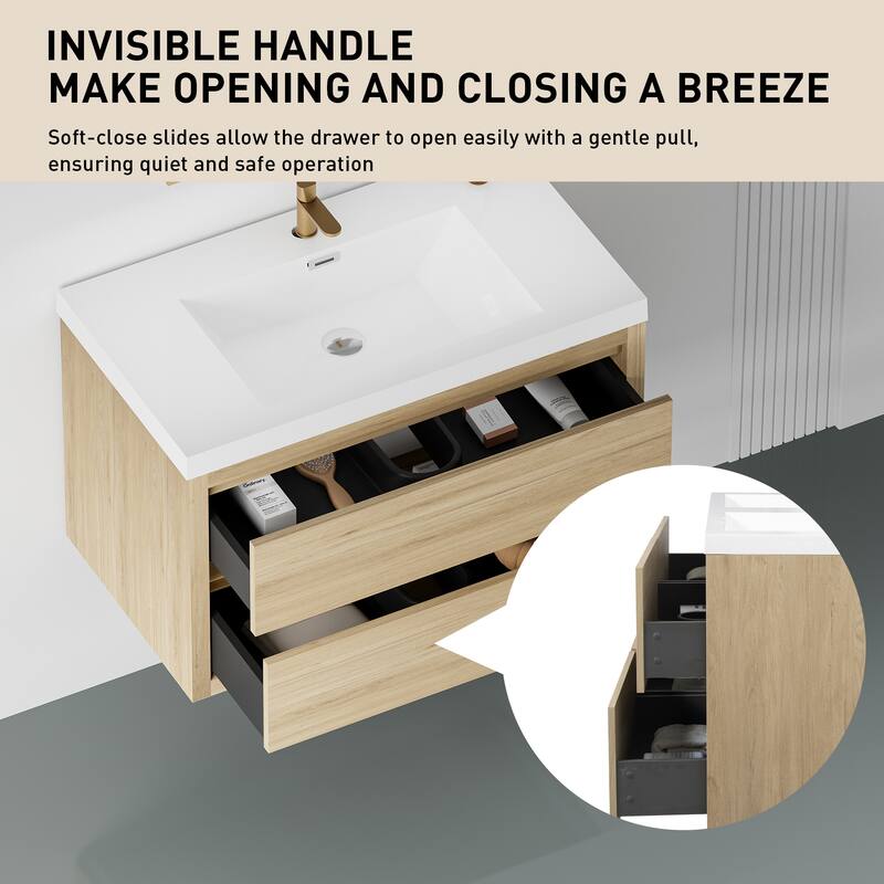 36" Floating Bathroom Vanity with Stone Resin Countertop, Soft Close Drawers, and U-Shaped Drain Design