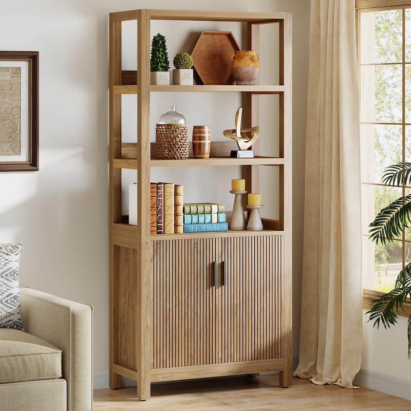 70.9-inch Tall Bookshelf Bookcase with Door Cabinet for Living Room - 13.78" D x 31.5" W x 70.9" H - Brown