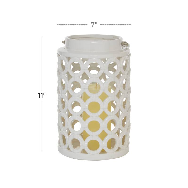 White Ceramic Circles Decorative Indoor Outdoor Candle Lantern with Cut Out Design - 7 x 8 x 11