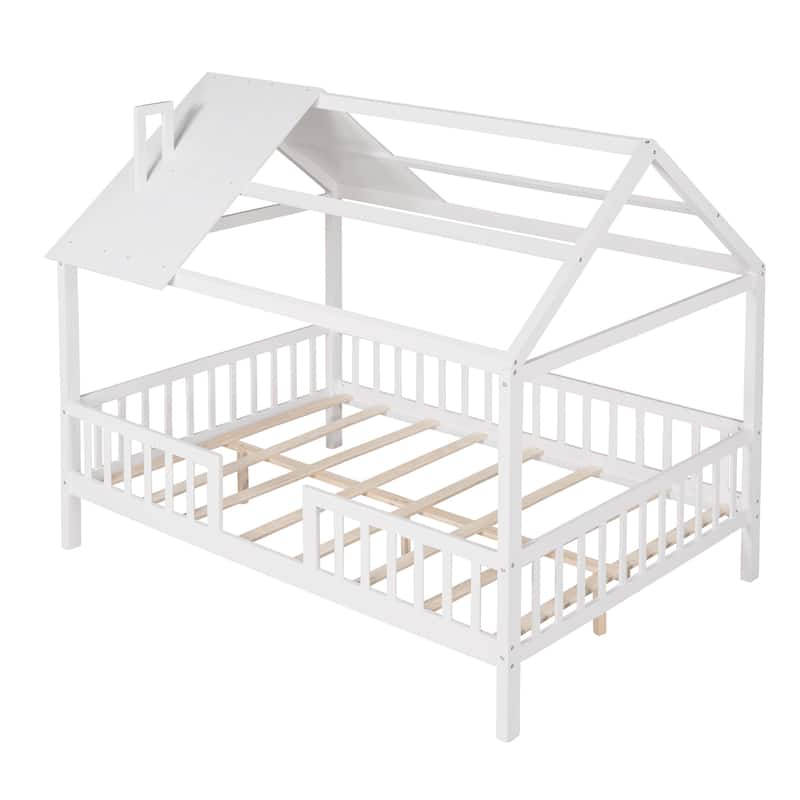 Montessori Full/Twin Size House Bed with Roof, Kids Playhouse Bed with Fence, Wood Platform Bed, No Box Spring Required