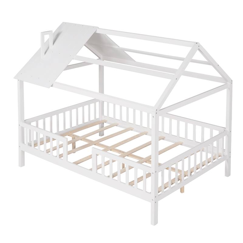 Platform Bed for Kids Teens, House Shaped Bed with Fence and Roof, Solid Wood Low Bedframe w/Slats Support, No Box Spring Needed
