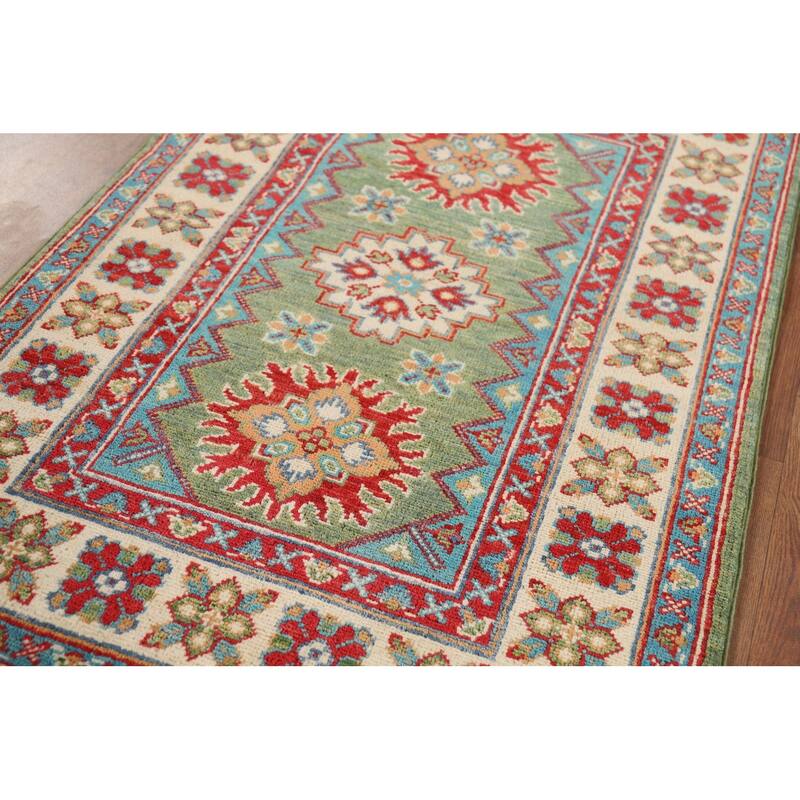 Green Geometric Kazak Oriental Foyer Rug Hand-Knotted Wool Carpet - 2'8" x 4'0"