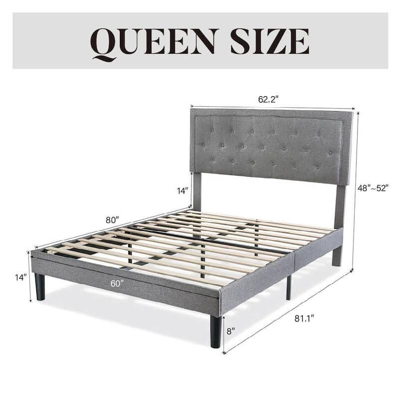 Modern Linen Upholstered Platform Bed with Tufted Button Headboard and Wood Slat Support