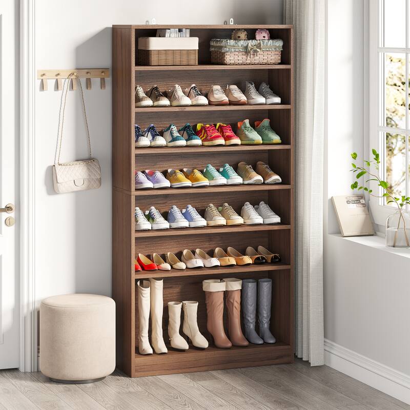 Wood Shoe Cabinet, Freestanding Shoe Storage Cabinet, Open Storage Shoe Organizer Entryway Shoe Rack Cabinet - Brown