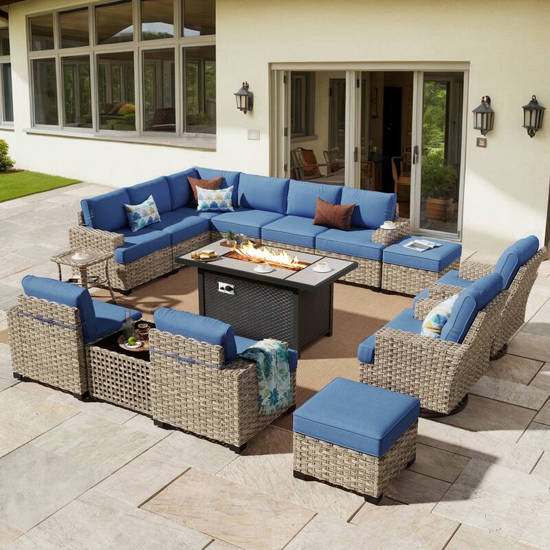 HOOOWOOO 15-piece Outdoor Sofa Patio Wicker Furniture Sectional Set with 54" Fire Pit Table - Denim Blue