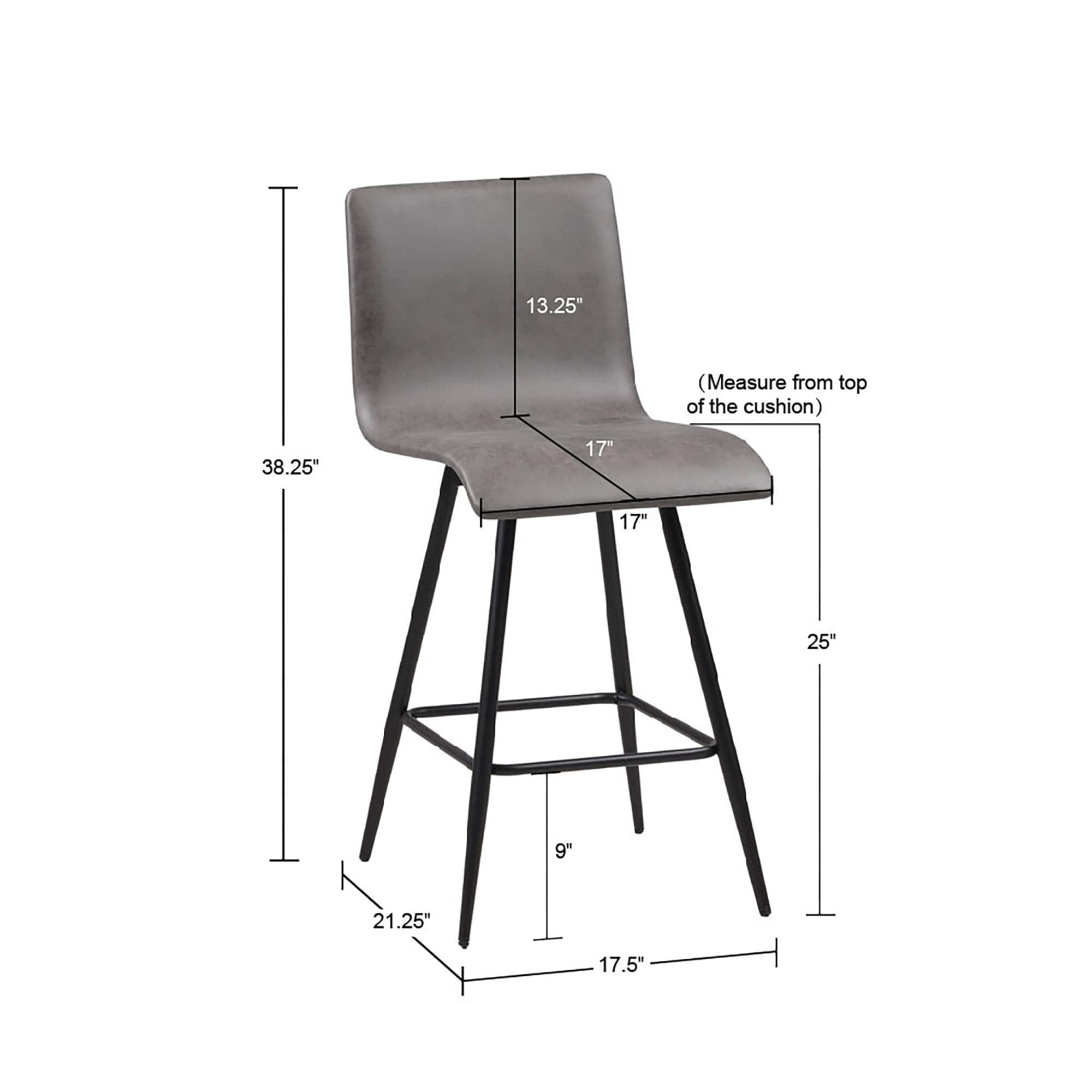 Roomfitters 25-Inch Faux Leather Swivel Counter Stool, 360-Degree Rotation with Matte Black Metal Base, Gray