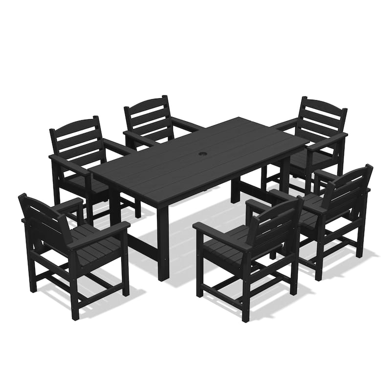 7-Piece HDPE Outdoor Dining Table Sets with Umbrella Hole - 1-Table 6-Chairs - Black