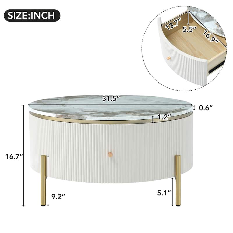Roomfitters Modern Round Marble Coffee Table with Storage, Gold Metal Legs, 2 Hidden Compartments 31.5"