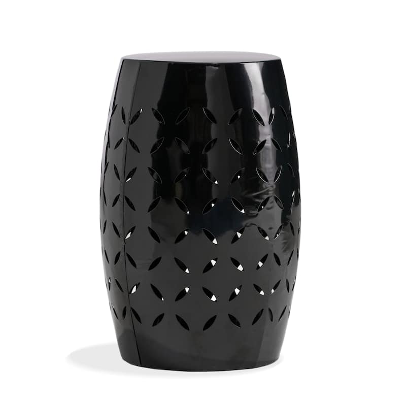 Lica Patio Side End Table, Barrel Shaped Lace Cut, 12 Inch Black Iron