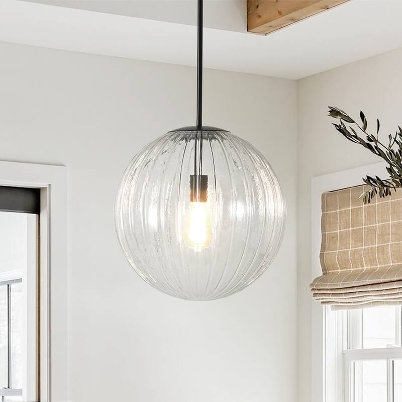 Modern Chic 1-Light Dimmable Striped Glass Sphere Pendant - 15.0 in - Black