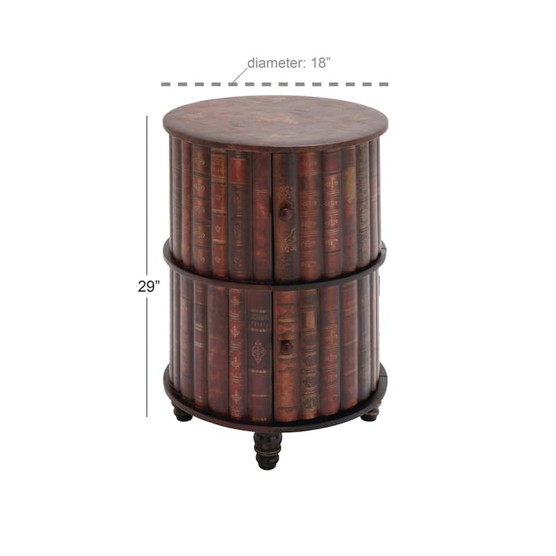 Faux Leather Circular Storage 2 Door Cabinet with Stacked Book Design and Scroll Details - Red - Roche River Décor.