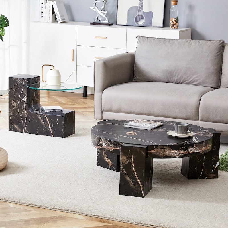 Double-Layer Round Coffee Table, Transparent Glass Top with L-Shaped Legs, Detachable Design Modern Center Table