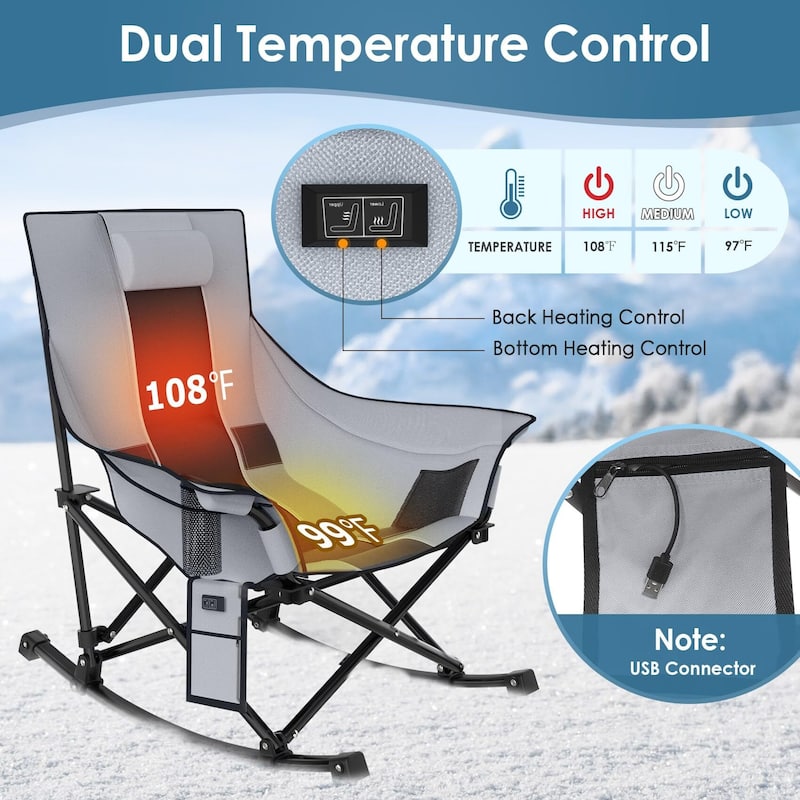 Oversized Heated Camping Chair, Rocking Camping Chair Portable Folding Heated Chairs, Grey&Black, Power Bank Not Included