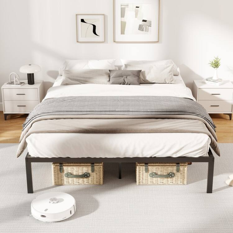 Black Metal Platform Bed Frame with Storage Space and Noise-Free Design