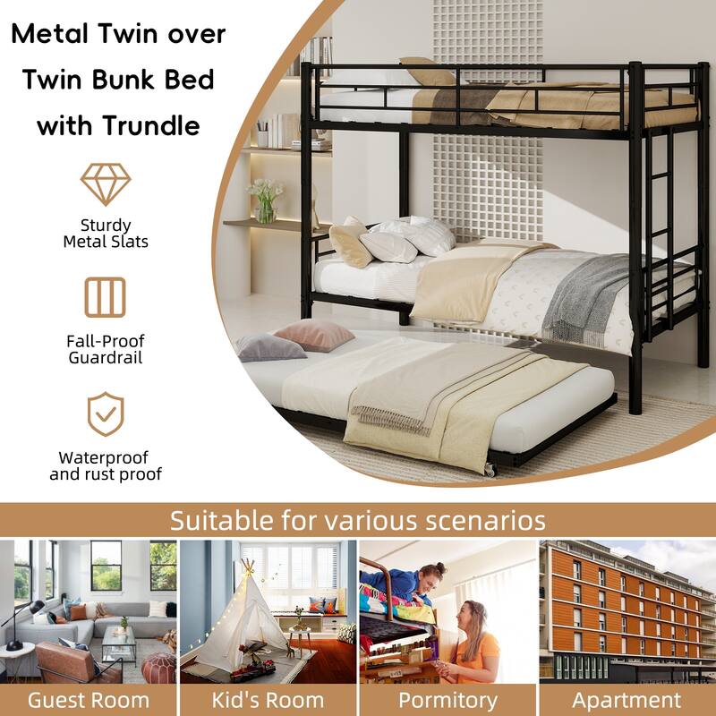 GDFStudio - Heavy-Duty Metal Twin over Twin Bunk Bed with Guardrail