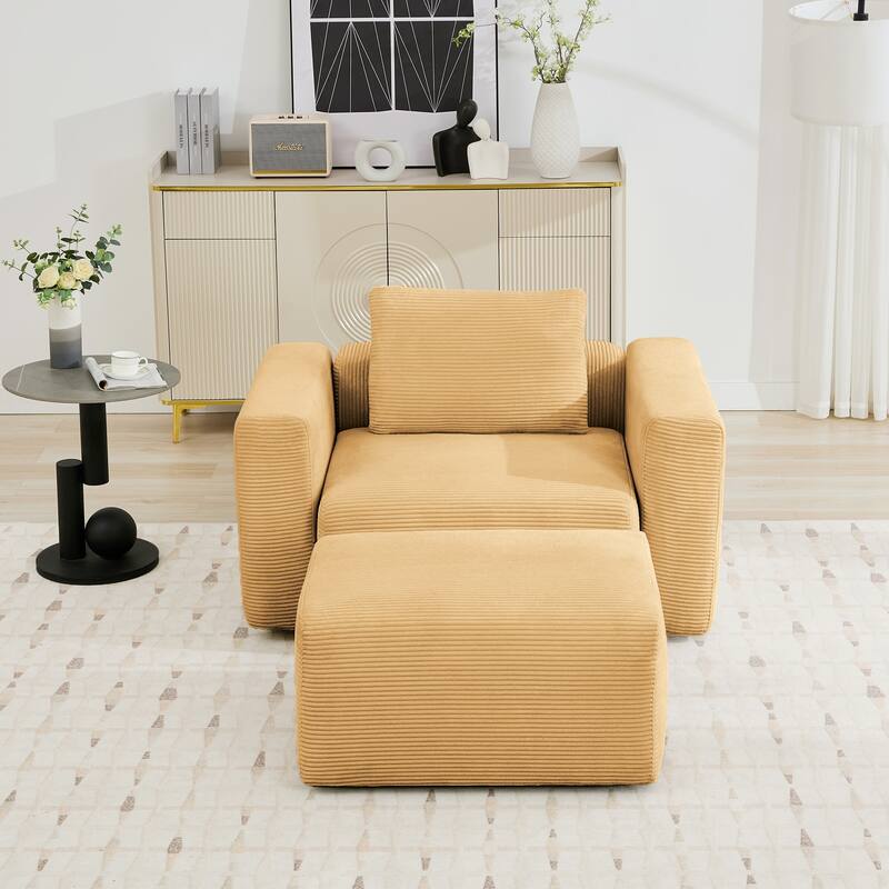 Corduroy Single Sofa Chair with a Large Ottoman, Square Arms & Ottoman Extension