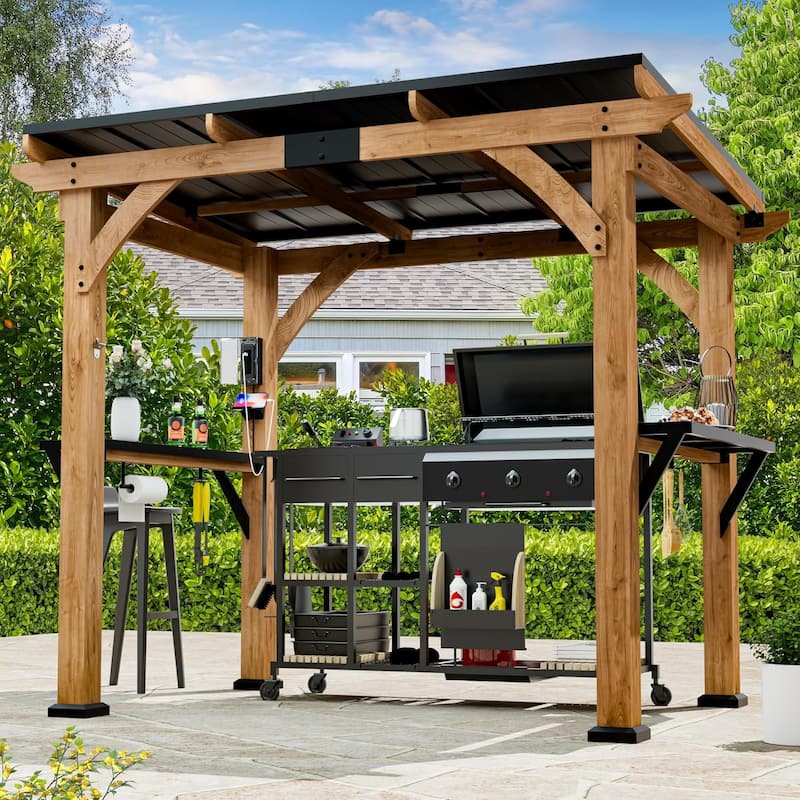 Cedar Wood Gazebo with Shelves and Paper Towel Holder, Patio Pavilion with Galvanized Steel Roof, USB and USB-C Charging Ports