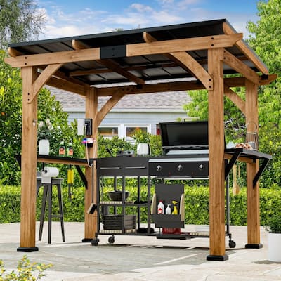 Cedar Wood Gazebo with Shelves and Paper Towel Holder, Patio Pavilion with Galvanized Steel Roof, USB and USB-C Charging Ports